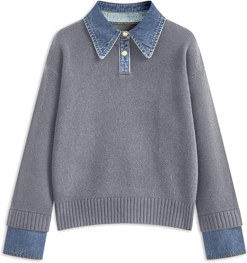 hathne Women's Oversized Polo Sweater Button Up Denim Lapel Pullover Sweater Long Sleeve Collared... | Amazon (US)