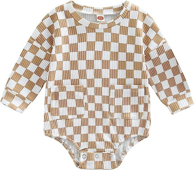 Baby Boy Clothes Cute Checkerboard Plaids Oversized Sweatshirt Romper Color Block Long Sleeve Bod... | Amazon (US)