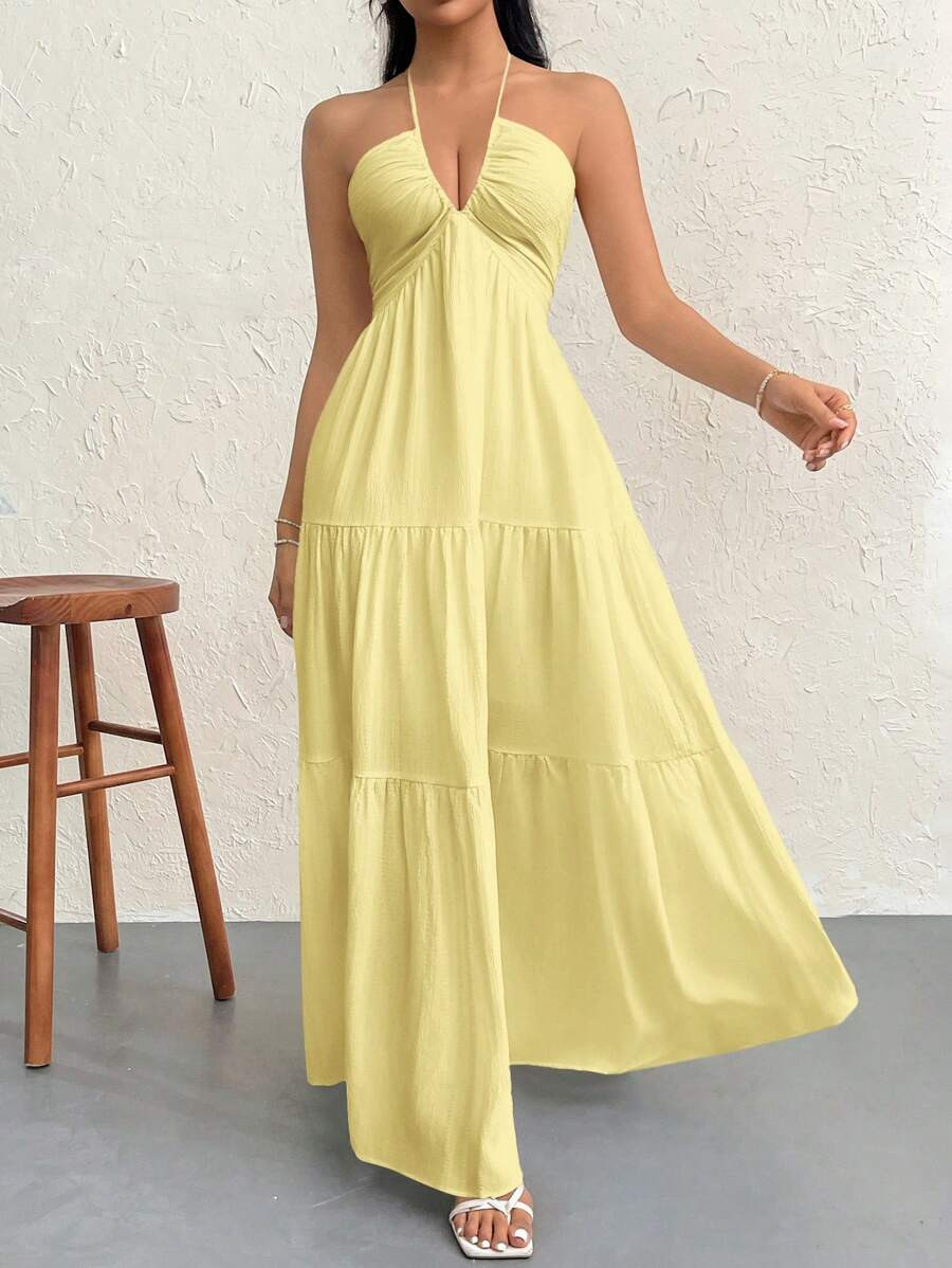 Firerie Women's Chiffon Halter Backless Dress With Tie Lace-Up, For Holiday/Wedding | SHEIN