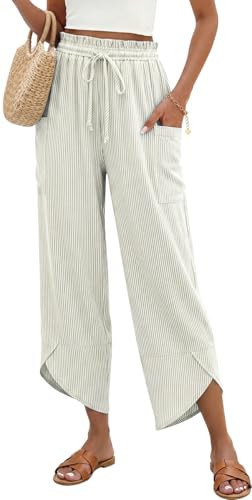 TARSE Women Stripe Linen Wide Leg Cropped Pants Drawstring Palazzo Trousers | Amazon (US)