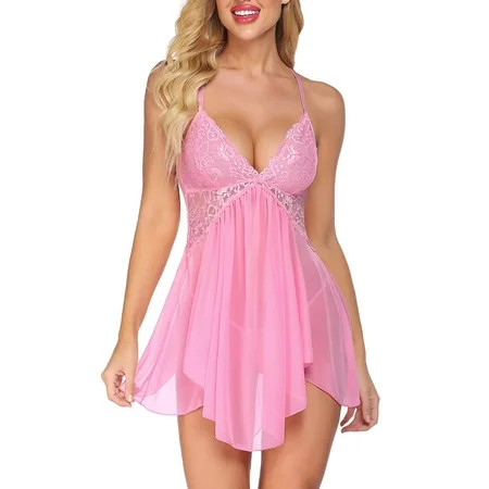 Avidlove Women Lingerie Lace Babydoll V Neck Sexy Sleepwear Strap Chemise Pink M | Walmart (US)