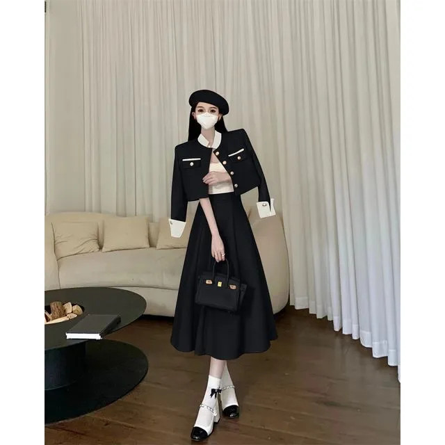 NENE - Set: High Rise Plain Midi A-Line Skirt + Contrast Trim Cropped Single-Breasted Jacket | YesStyle Global