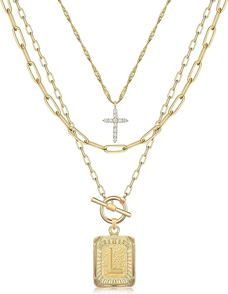 MJartoria Layered Initial Necklaces for Women Trendy, 14K Gold Plated Brass Simple Dainty Cross C... | Amazon (US)