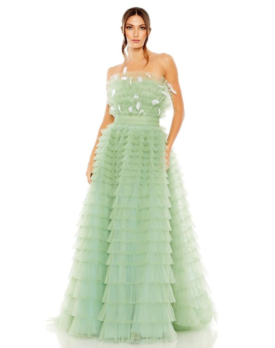 Strapless Ruffle Gown with Feathers | Mac Duggal