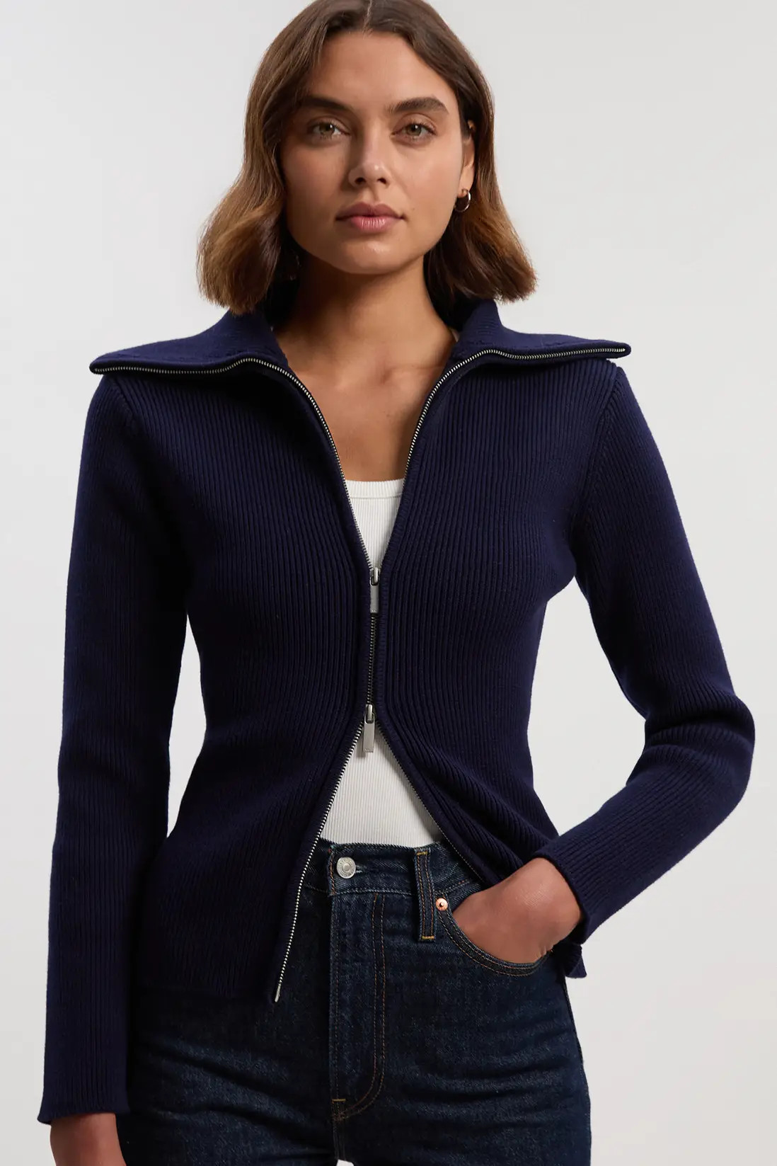 Cotton Zip Through Collar Knit Cardigan | Karen Millen
