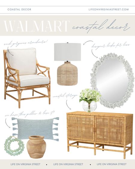 Legitimately obsessed with all of these new coastal home decor finds from @walmart! I love everything from the rattan armchair,  white coral mirror, rattan lamp, rattan cabinet, blue gray tassel throw pillow, wood vase, faux hydrangea, recycled glass beads and so much more! See more finds here: https://lifeonvirginiastreet.com/walmart-coastal-home-decor/.
.
#walmarthome #walmart #ltkhome #ltkfindsunder50 #ltkfindsunder100 #ltkstyletip #ltkseasonal coastal decorating, grandmillennial decor finds, coastal grand decor

#LTKsalealert #LTKSeasonal #LTKhome