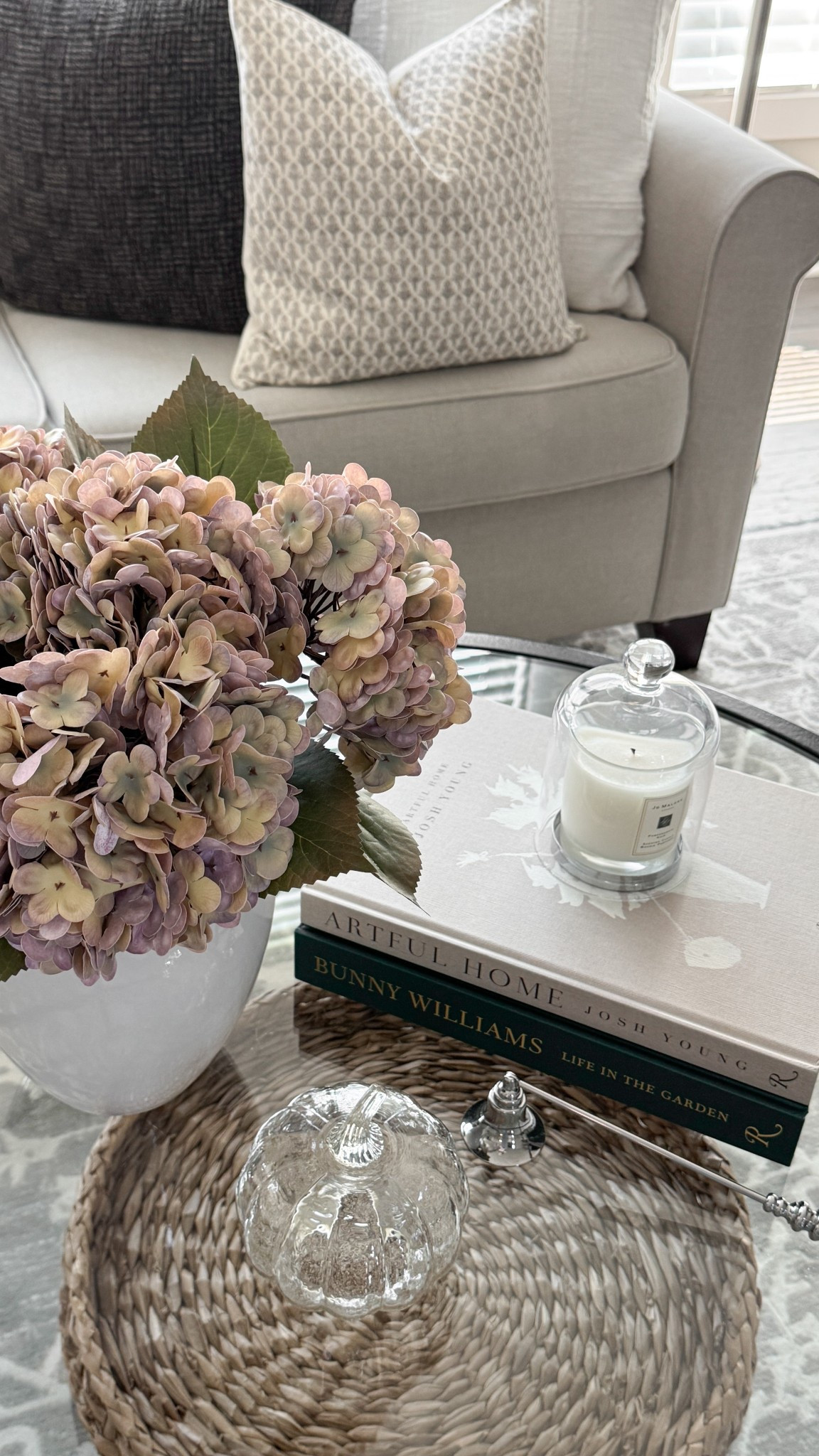 Adding small touches around our home for early Fall decor - faux Autumn hydrangeas and a glass pumpkin 

#LTKStyleTip #LTKHome #LTKSeasonal