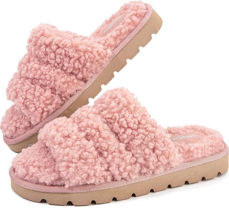 LongBay Women's Fuzzy Curly Fur Memory Foam Open Toe Faux Fur Slide Slippers Cozy Sandals for Ind... | Amazon (US)