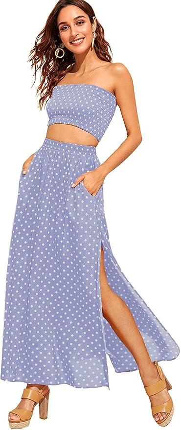 Floerns Women's 2 Piece Outfit Polka Dots Crop Top and Long Skirt Set with Pockets | Amazon (US)