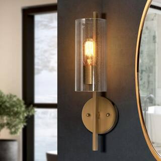 Uolfin 17 in H. Modern Cylinder Powder Room Wall Sconce 1-Light Large Brass Gold Bathroom Single ... | The Home Depot