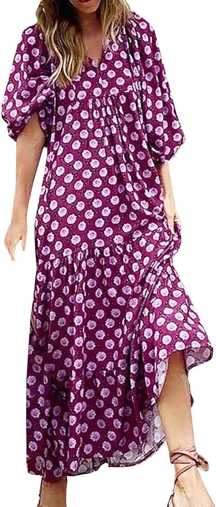 Boho Maxi Dresses for Women 2024 Casual Summer Flowy Floral Print Dress Bohemian Geometric Patter... | Amazon (US)