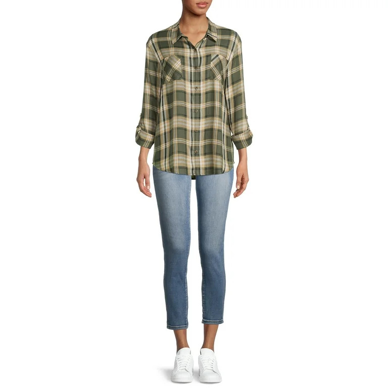 No Boundaries Juniors' Button-Front Plaid Shirt | Walmart (US)
