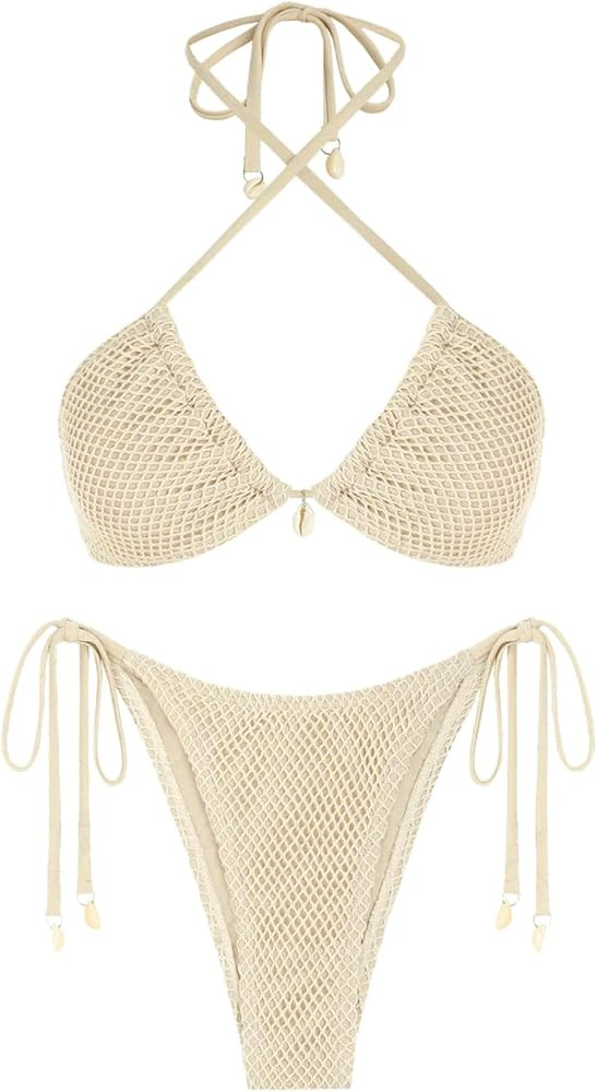 seamoly Women's Bikini Sets Halter Fishnet Shell Decorated Two Piece Swimsuit Sexy Side Tie Thong... | Amazon (US)