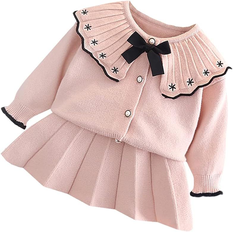 Toddler Baby Girls Outfit Knitted Buttons Sweater Tops Mini Skirt Bowknot Ruffle Long Sleeve Autu... | Amazon (US)