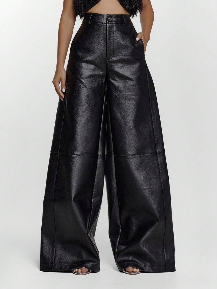 MUSERA Faux Leather Wide Leg Mid Waist Trousers Sexy Going Out Night Out Streetwear Evening Party Valentines Day Pants Spring | SHEIN