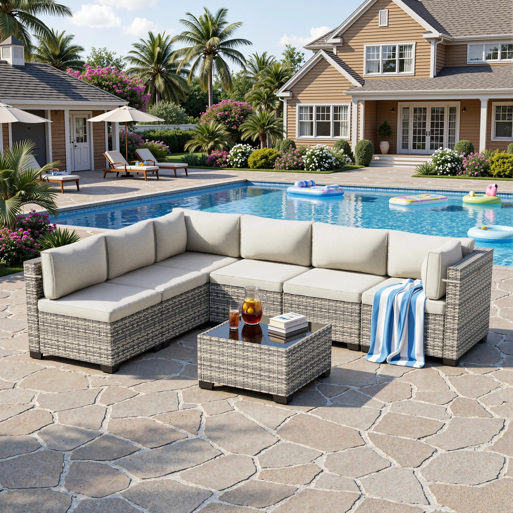 7-Piece Outdoor Sectional Sofa Set With HDPE Wicker, Cushions & Coffee Table, Modular Patio Conve... | Wayfair North America