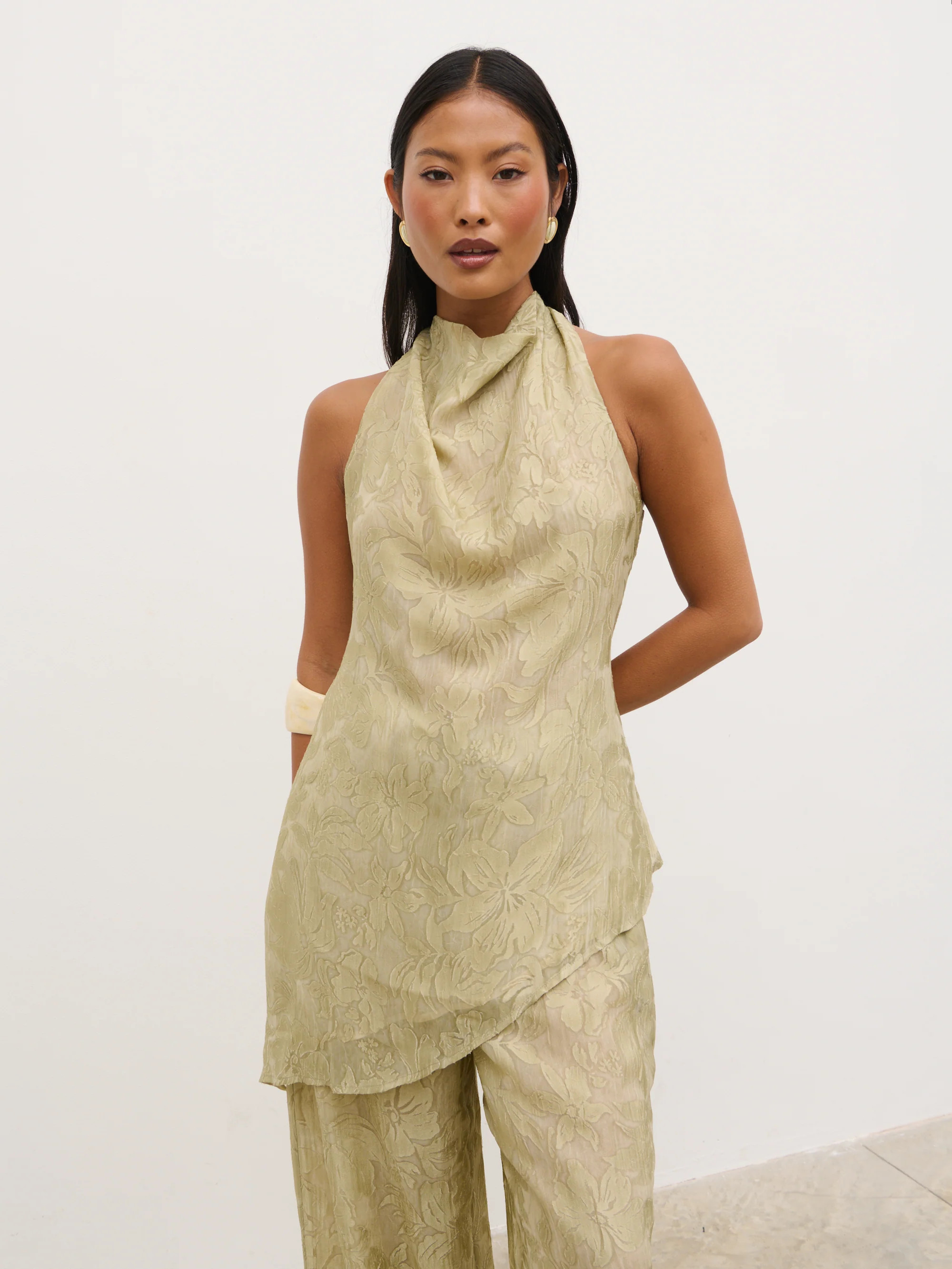 Inca Asymmetric Cowl Neck Top - Olive Jacquard Floral | Pretty Lavish (UK)