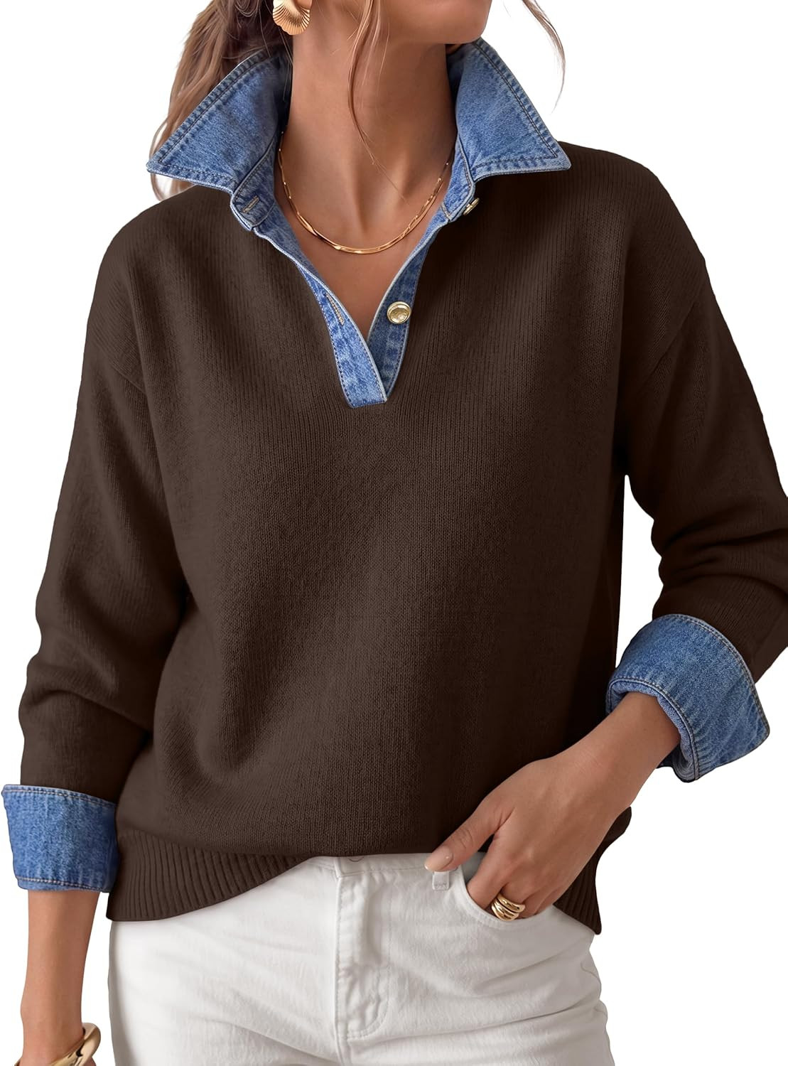 LILLUSORY V Neck Sweaters for Women Denim Collared Knit Polo Fall Outfits | Amazon (US)