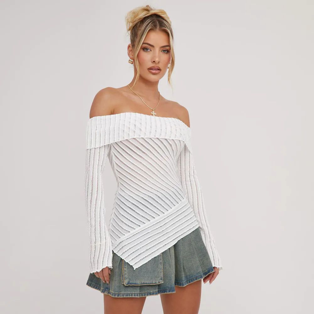 Bardot Fold Over Detail Asymmetric Top In Cream Texture Knit | Ego Shoes (UK)