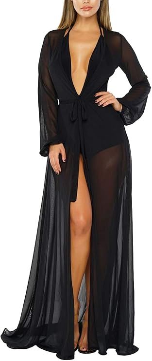 Women's Sexy Thin Mesh Long Sleeve Tie Front Swimsuit Swim Beach Maxi Cover Up Dress | Amazon (US)