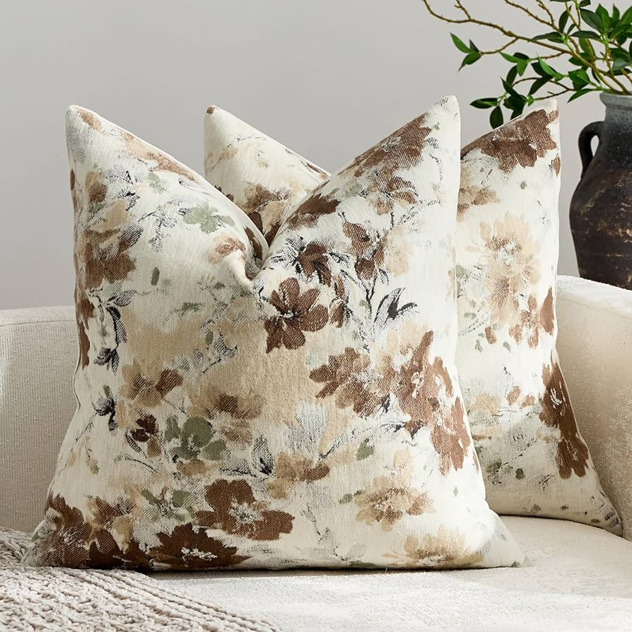 Vintage Floral Throw Pillow Covers 18x18 Inch Set of 2, Brown | Amazon (US)