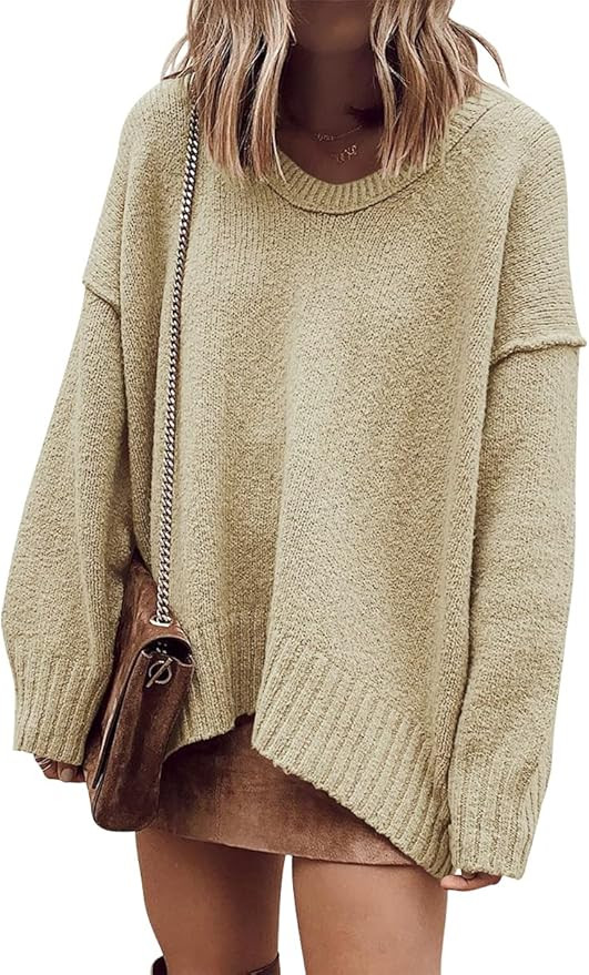 ANRABESS Women's Oversized Casual Loose Slouchy Scoop V Neck Batwing Long Sleeve Knit 2024 Fall P... | Amazon (US)