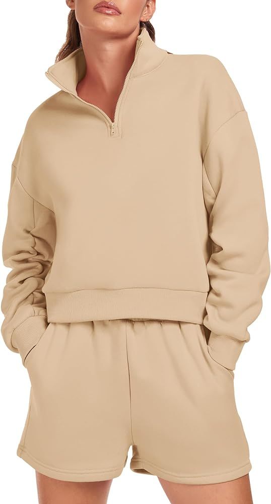 Womens 2 Piece Outfits Oversized Half Zip Sweatshirt Shorts Sweatsuits Casual Tracksuit Lounge Se... | Amazon (US)