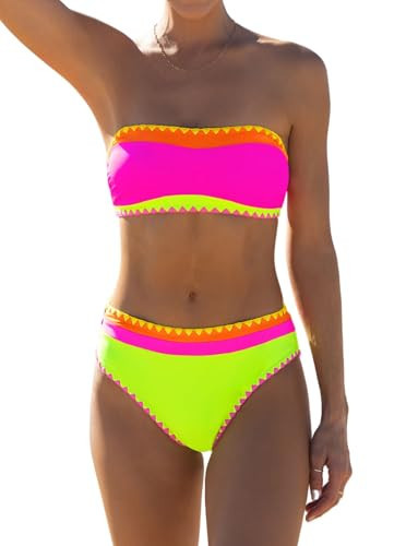 popvil Women's Neon Color Block Bandeau Swimsuits Strapless Bikini Sets Two Piece Bathing Suits | Amazon (US)