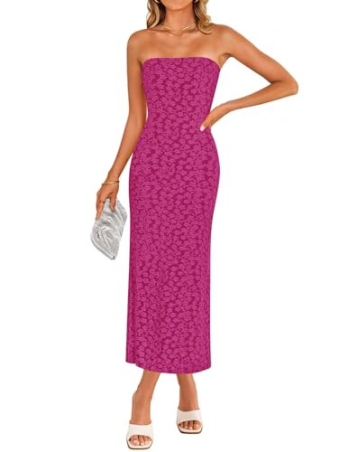 ZESICA Women's 2026 Summer Floral Strapless Bodycon Midi Dress Off Shoulder Tube Beach Wedding Guest Party Long Dresses Eggplant Small | Amazon (US)