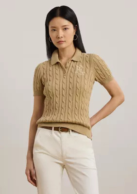 Lauren Ralph Lauren Women's Cable Knit Cotton Polo Sweater, Tan, Medium | Belk