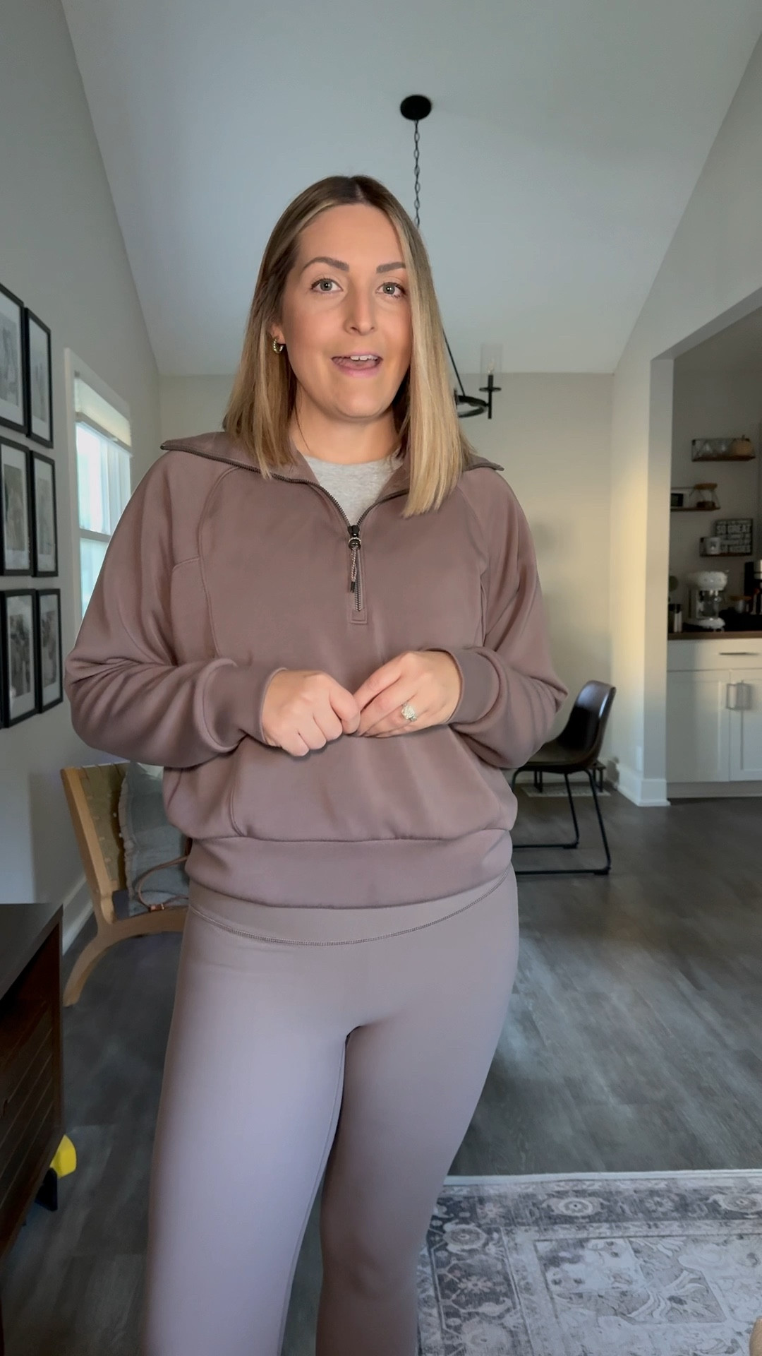 What I wore to WFH today! Love this neutral Spanx matching set.  Their air essentials material is so good and the On Form leggings are so buttery soft and comfy!!  My top is actually on sale right now too 🙌🏻

Size medium on top and large on bottom.  
#spanx #matchingset 


#LTKSaleAlert #LTKStyleTip #LTKHome