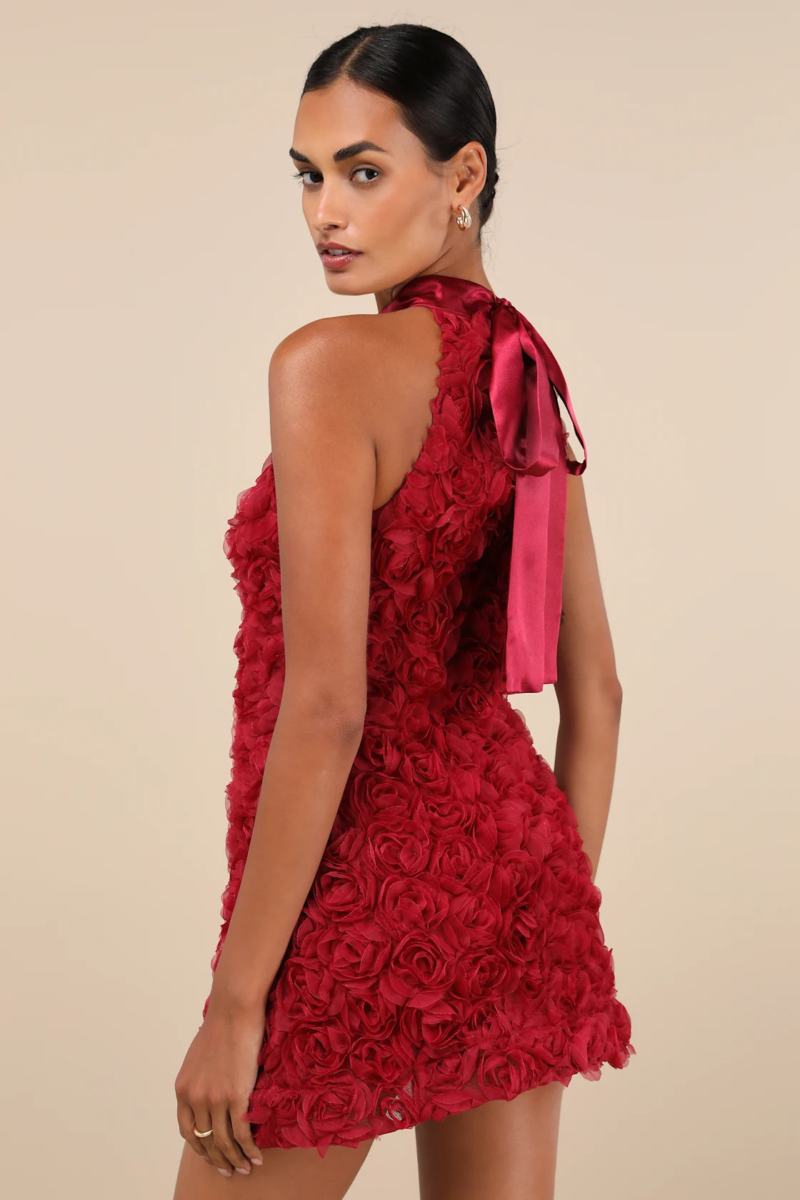 Extraordinary Being Wine Red 3D Rosette Mock Neck Mini Dress | Lulus