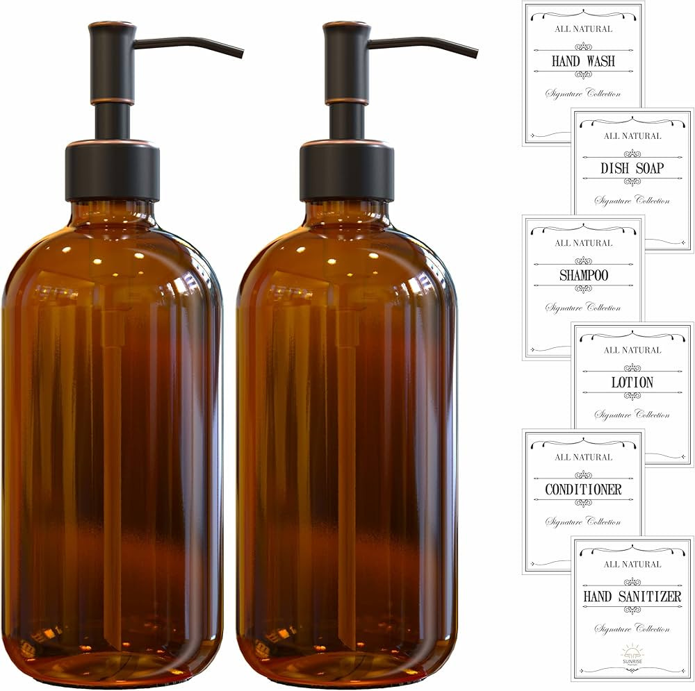 SUNRISE PREMIUM 2-Pack Thick Amber Glass Soap Dispenser with Oil Rubbed Bronze Stainless Steel Ru... | Amazon (US)