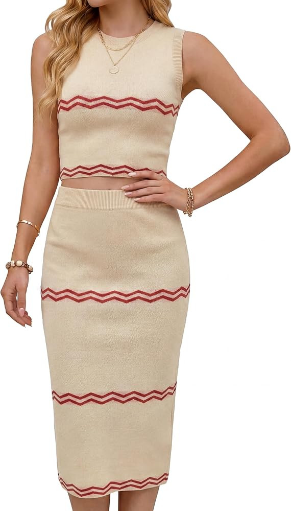Skirt Sets Women 2 Piece Outfits Dressy Summer Knit Sleveless Top and Skirt Set for Vacation Brun... | Amazon (US)