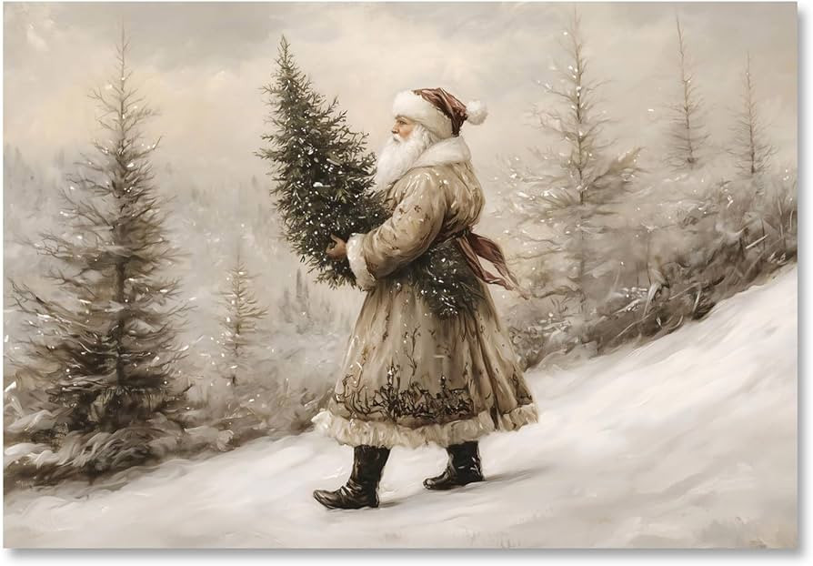 Vintage Christmas Santa Claus Prints Christmas Forest Scene with Santa Holding Tree Painting Rust... | Amazon (US)