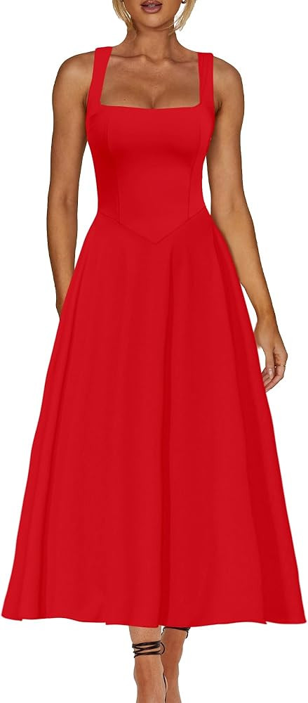 Kaximil Women's Square Neck Sleeveless A Line Maxi Dress Smocked Ruffle Flowy Casual Long Dresses | Amazon (US)