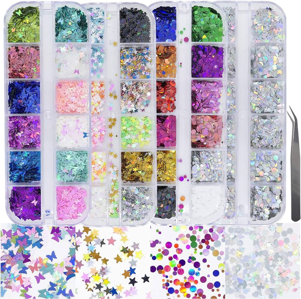 AddFavor 4 Boxes Holographic Nail Sequins Shapes Mixed Iridescent Nail Glitter Flakes Butterfly H... | Amazon (US)
