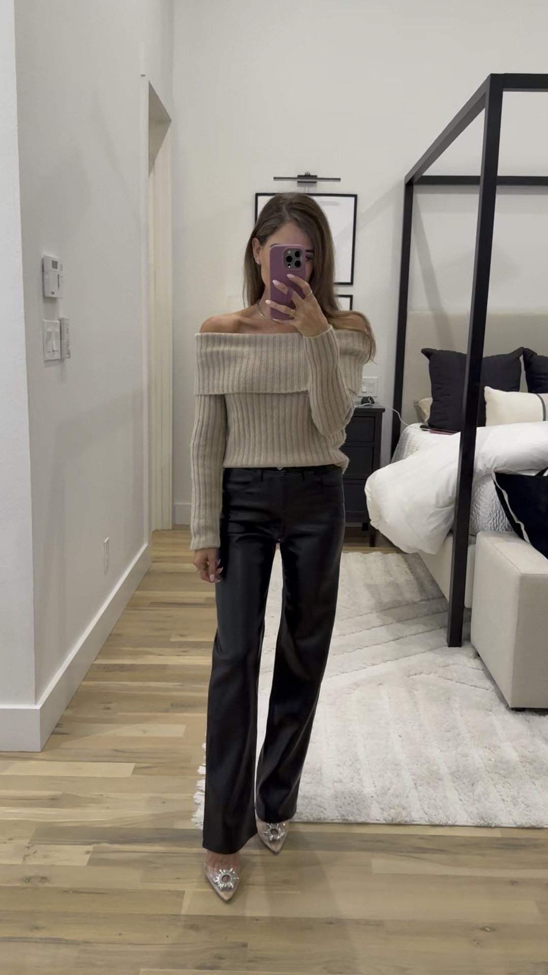 Off shoulder sweater on sale winter outfit faux leather pants size 23s 

#LTKootd #LTKPetite #LTKHoliday