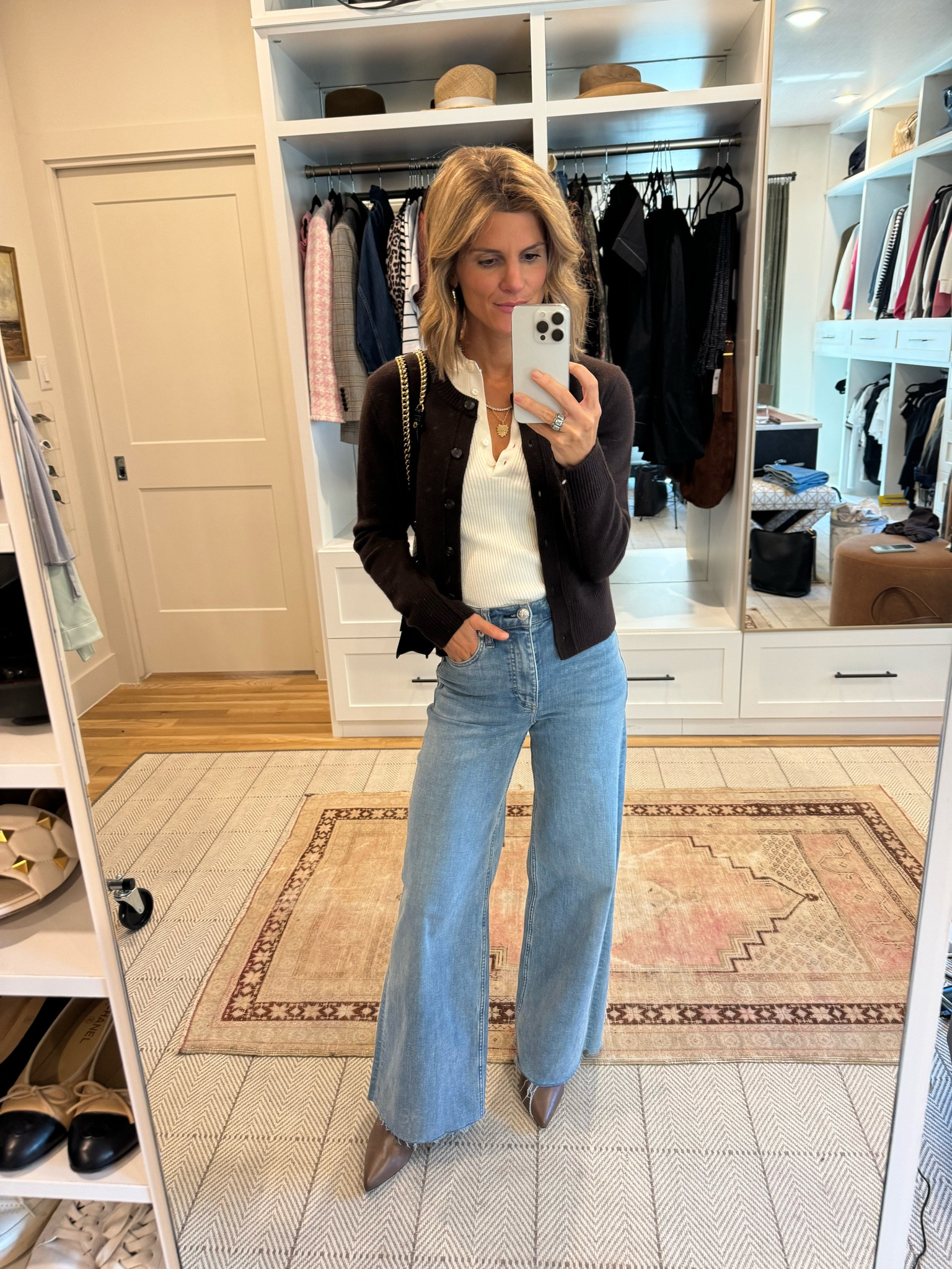 Wearing XS in top/cardigan and cut jeans to length!