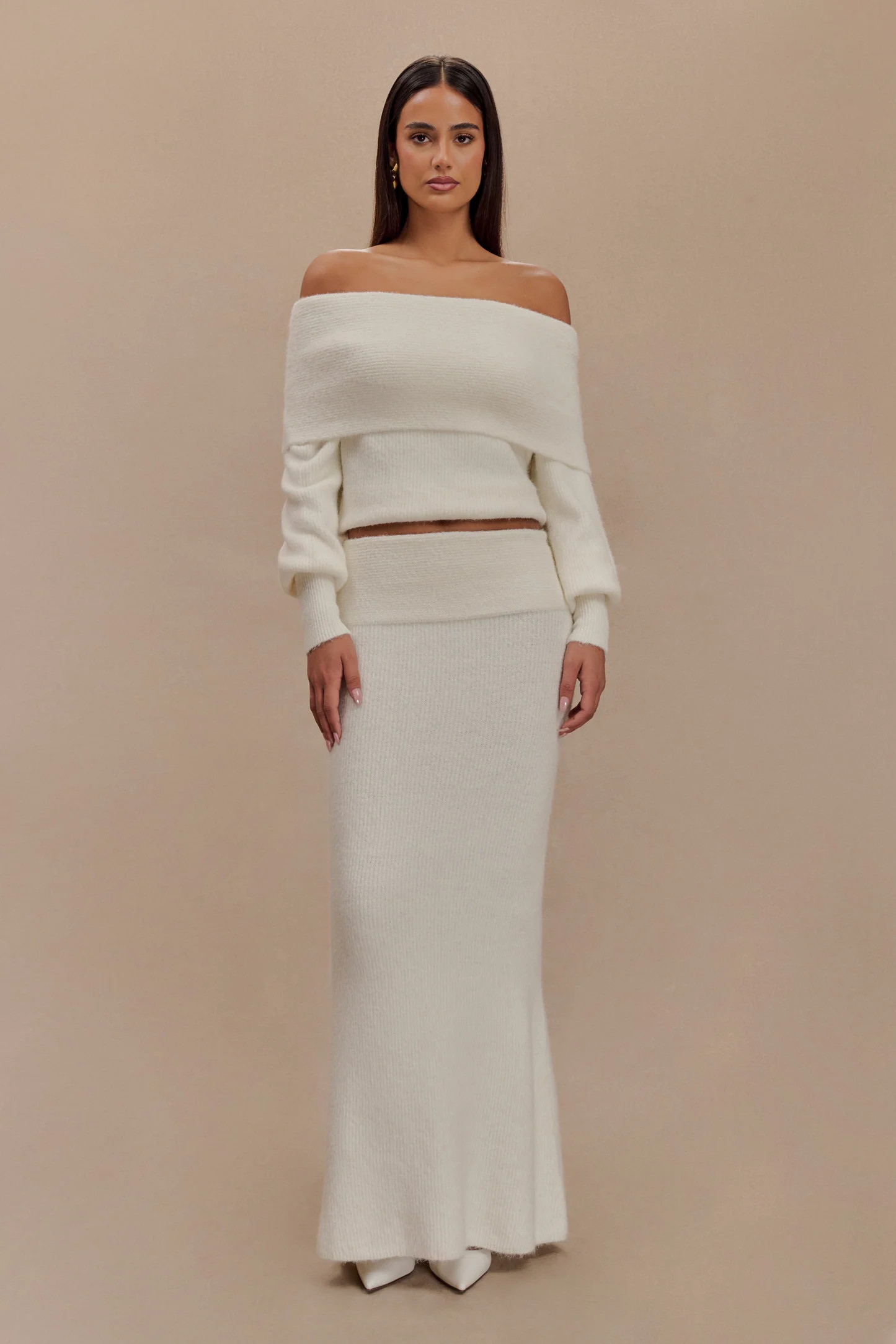 Off Shoulder Knit Long Sleeve Top - Ivory | MESHKI US