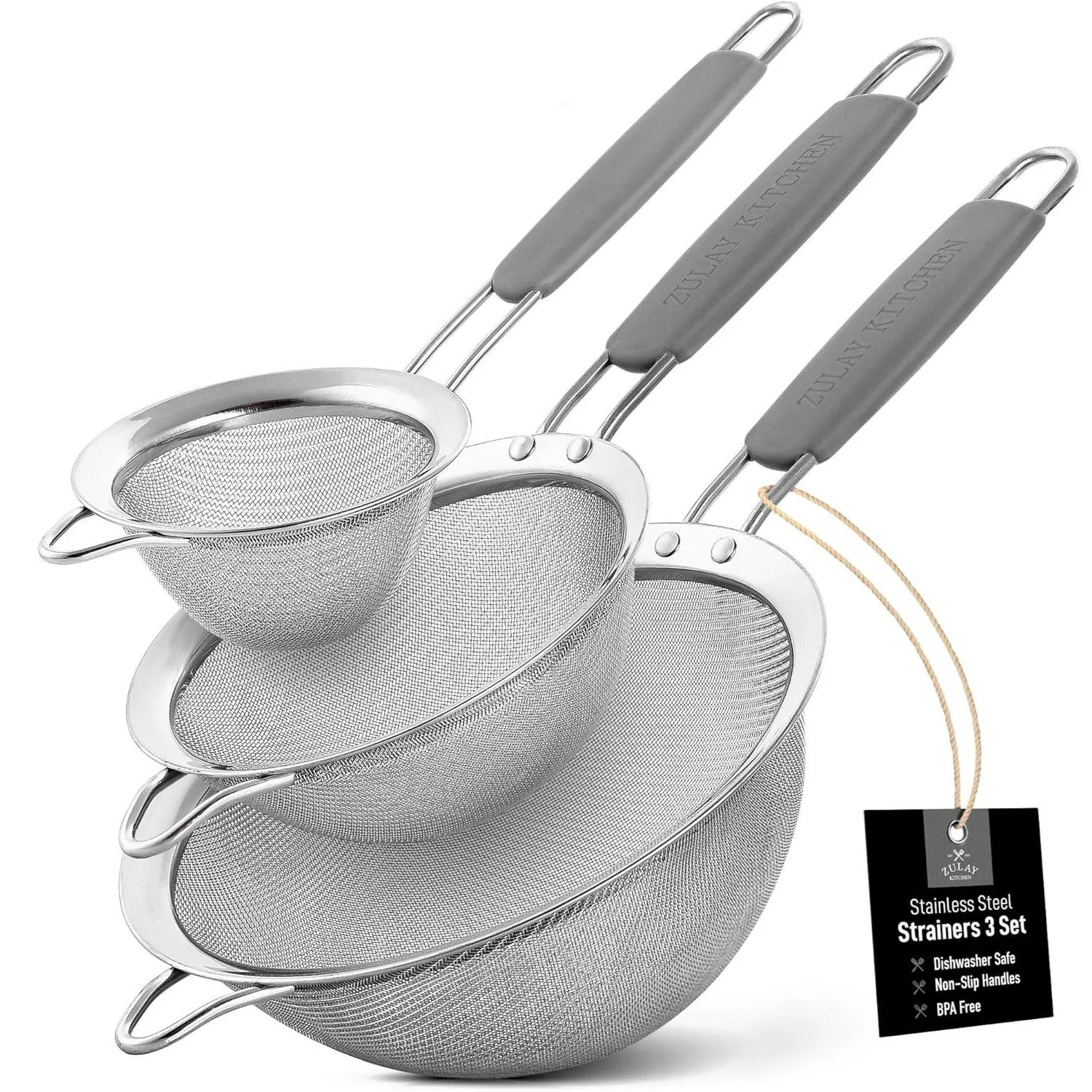Zulay Kitchen Stainless Steel Fine Mesh Strainer Set 3 Pack Small Medium Large Kitchen Sieve Set with Non Slip Handles Durable Metal Strainers in Gray | Lowe's