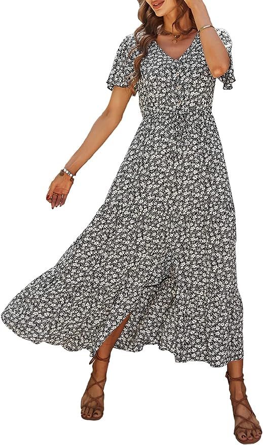 PRETTYGARDEN Women's Floral Summer Dresses 2023 V Neck Short Sleeve Flowy Sun Dress Split Tiered ... | Amazon (US)