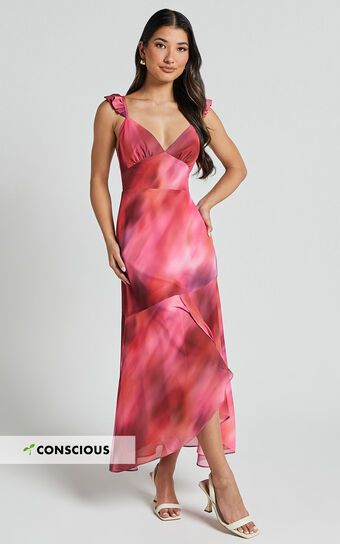 Gillian Midi Dress - Flutter Sleeve Low Back Ruffle Detail Dress in Blushing Haze | Showpo (US, UK & Europe)