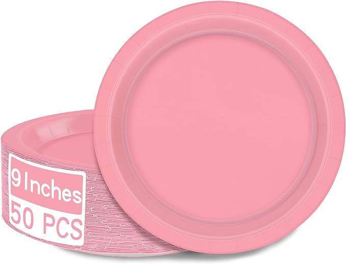 QZYL 50 PCS Pink Paper Plates, Round Disposable Paper Plates, 9 Inches Paper Dinner Plates for Ev... | Amazon (US)