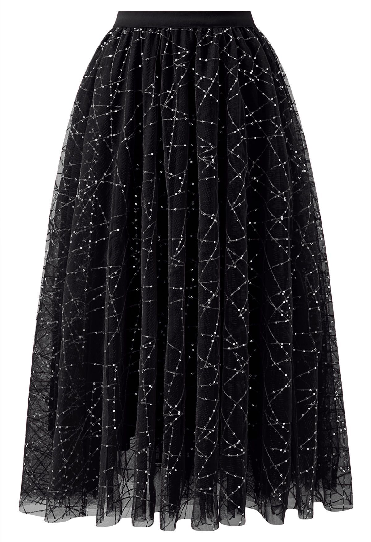 Sequined Embroidery Double-Layered Mesh Tulle Midi Skirt in Black | Chicwish