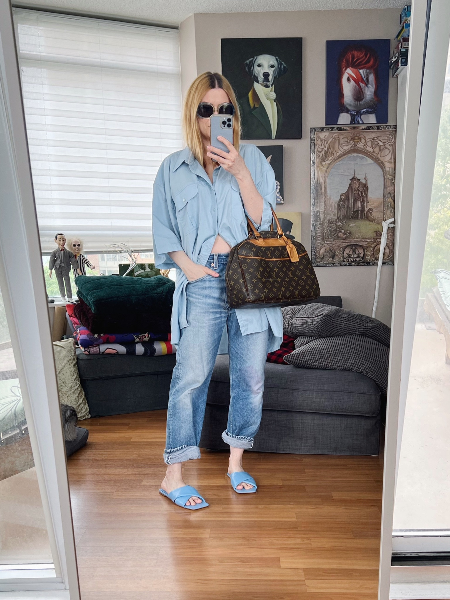 Another day, another oversized button up. All blue today.
Jeans, bag, sunglasses vintage and the blouse is secondhand.
•
.  #summerlook  #torontostylist #StyleOver40  #vintagelouisvuitton  #secondhandstyle #poshmarkFind #thriftFind #thriftstyle #secondhandFind #fashionstylist #FashionOver40  #MumStyle #genX #genXStyle #shopSecondhand #genXInfluencer #WhoWhatWearing #genXblogger #secondhandDesigner #Over40Style #40PlusStyle #Stylish40s #styleTip  #HighStreetFashion 


#LTKFind #LTKitbag #LTKstyletip