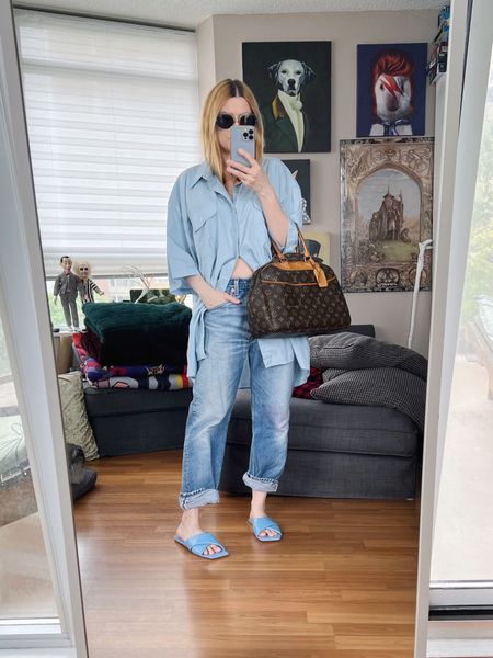 Another day, another oversized button up. All blue today.
Jeans, bag, sunglasses vintage and the blouse is secondhand.
•
.  #summerlook  #torontostylist #StyleOver40  #vintagelouisvuitton  #secondhandstyle #poshmarkFind #thriftFind #thriftstyle #secondhandFind #fashionstylist #FashionOver40  #MumStyle #genX #genXStyle #shopSecondhand #genXInfluencer #WhoWhatWearing #genXblogger #secondhandDesigner #Over40Style #40PlusStyle #Stylish40s #styleTip  #HighStreetFashion 


#LTKFind #LTKitbag #LTKstyletip