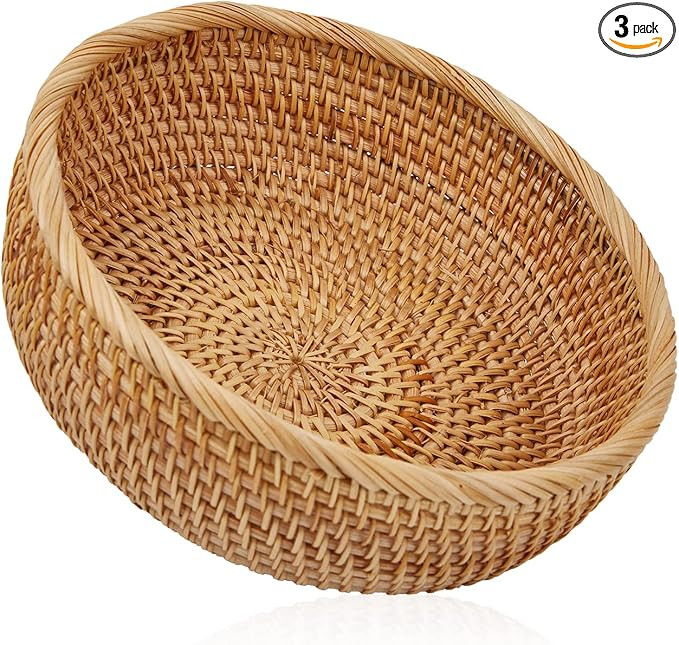 Natural Rattan Round Fruit Basket Bowls, Hand Woven Decor Serving Baskets, Wicker Storage for Din... | Amazon (US)