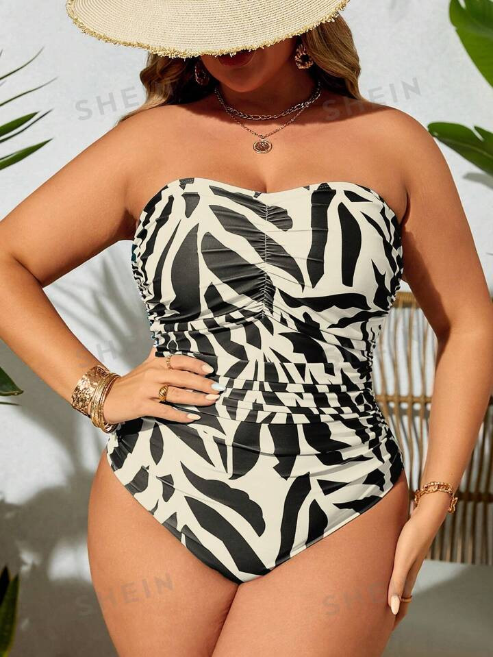 SHEIN VCAY Plus Allover Print Ruched Bandeau One Piece Swimsuit | SHEIN