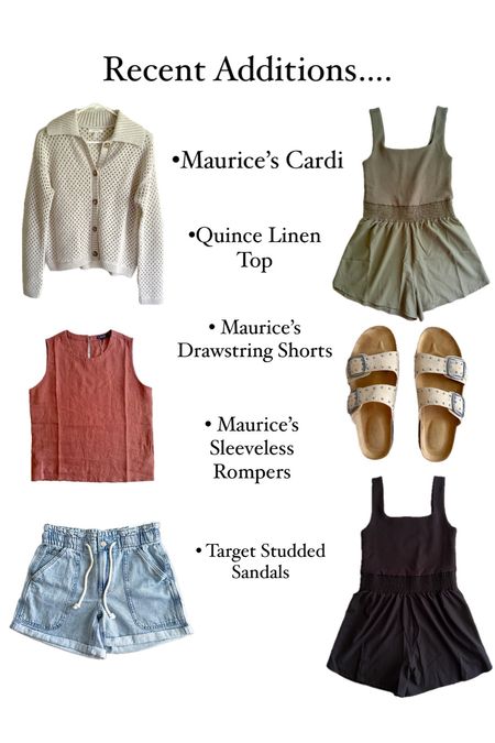Some recent additions to my closet after ending my no spend on clothing.
All great pieces! 
•Maurice’s Open Stitch Cardi, High rise drawstring shorts, sleeveless rompers.
•#Target studded sandals
•#Quince linen sleeveless top (gifted)

#maurices #summeroutfits #summercapsule #miniwardrobe 

#LTKSaleAlert #LTKStyleTip #LTKFindsUnder50